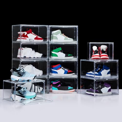 Image of NYZE 12 Pack Acrylic Shoe Boxes Side Open, Clear Shoe Box Plastic Stackable, Shoe Storage Organizer with Magnetic Door, Shoe Display Shoe Containers with Lids Fits Up to Size 15