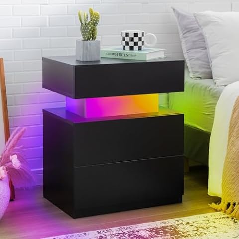 Bingoday LED Nightstand Black Modern Night Stand with 3 Drawers LED Bedside Tables for Bedroom End Tables with LED Strip Lights (Black) Cover