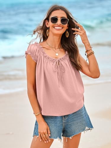 Image of Tankaneo Women Summer Tie Front Tank Tops Cap Sleeve Pleated Babydoll Tops Casual Loose Fit Going Out Flowy Shirt