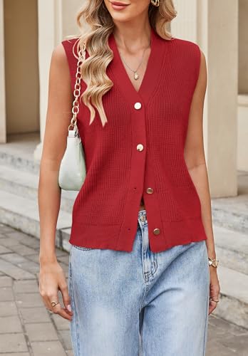 Image of Womens Button-Front Sweater Vest Top V Neck Sleeveless Knit Tank Fitted Halter Raceback Cardigan Vest