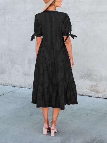 Image of Theenkoln Womens Casual Midi Dress: Short Sleeve V-Neck Empire Waist Gingham Spring Fashion Long Trendy Tiered Formal Dresses