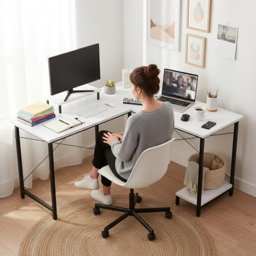 Image of RIZIK Store L-Shaped Computer Desk | 50-Inch Corner Gaming & Study Table with Engineered Wood Top, Metal Frame & CPU Shelf | Writing Workstation for Bedroom, Office & Small Rooms (White)