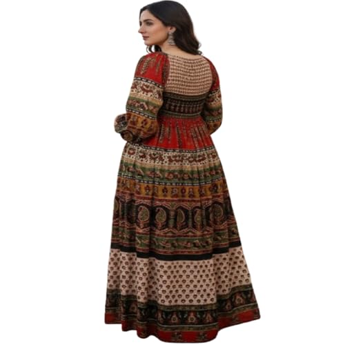 Image of Women's Cotton Dress Jaipuri Sanganeri Print Midi Long Dress Printed Fit and Flare Maxi Dress A-Line Gown Dress Maxi Skirt, Mandala (Free Size)