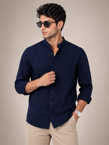 Image of Veirdo Men's Stylish Solid Casual Shirt | Chinese Collar Pure Cotton | Available in Black, Brown, Rust, Olive, White & Navy | Sizes S to XXL