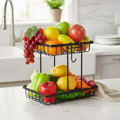 Image of Go Hooked 2 Tier Metal Fruit Basket for Dining Table | Countertop Wire Storage Stand for Fruits, Vegetables, Bread & Daily Essentials | Multipurpose Metal Vanity & Home Organizer for Counter Spaces