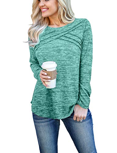 Chunoy Women Casual O Neck Long Sleeve Solid Sweater Pullover Top Green Large
