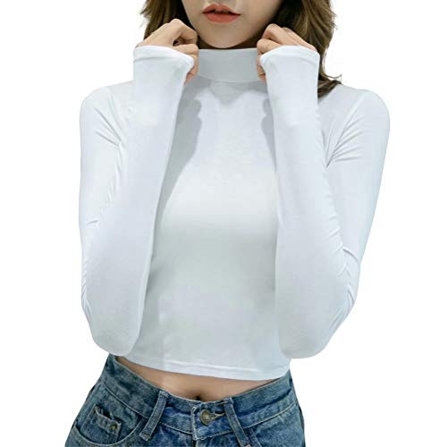 LONGBIDA Women's Long Sleeve Mock Neck Pure White Sexy Stretch Crop TOP T Shirt(White,XL)