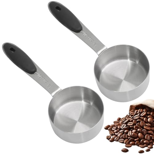 Cionyce 1/4 cup measuring cup,2 Pcs 60 ML Stainless Steel Coffee Measuring Scoops, Metal Coffee Scoop Measuring Cup with Black Silicone Handle
