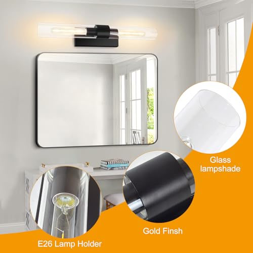 Image of Glass Tube Wall Sconces, 24in Bathroom Vanity Light Fixtures 2-Light Double Glass Sconces Wall Lighting Bathroom Wall Lights for Mirror,Bedroom, Hallway (Including Extra Bulbs)-Matte Black