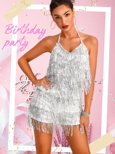 Image of Kaei&Shi Sequin Fringe Romper,Sparkly Glitter Metallic Jumpsuits For Women,Backless Shorts Dress Disco Birthday Dance Outfit