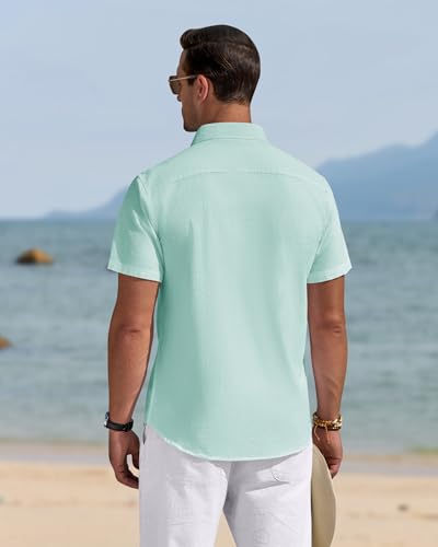 Image of J.VER Mens Linen Shirt Short Sleeve Button Down Casual Summer Shirts | Cotton Linen, Untucked, Big Tall, from Beach Camp Vacation, Cruise Fishing, Work Office, to Wedding Party Family, with Pocket