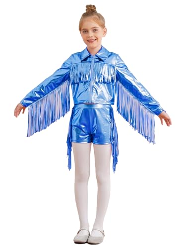 Kids Girls Fringe Shiny Metallic Long Sleeve Jacket Coat Sweatshirt Crop Tops Outerwear with Dance Shorts Set
