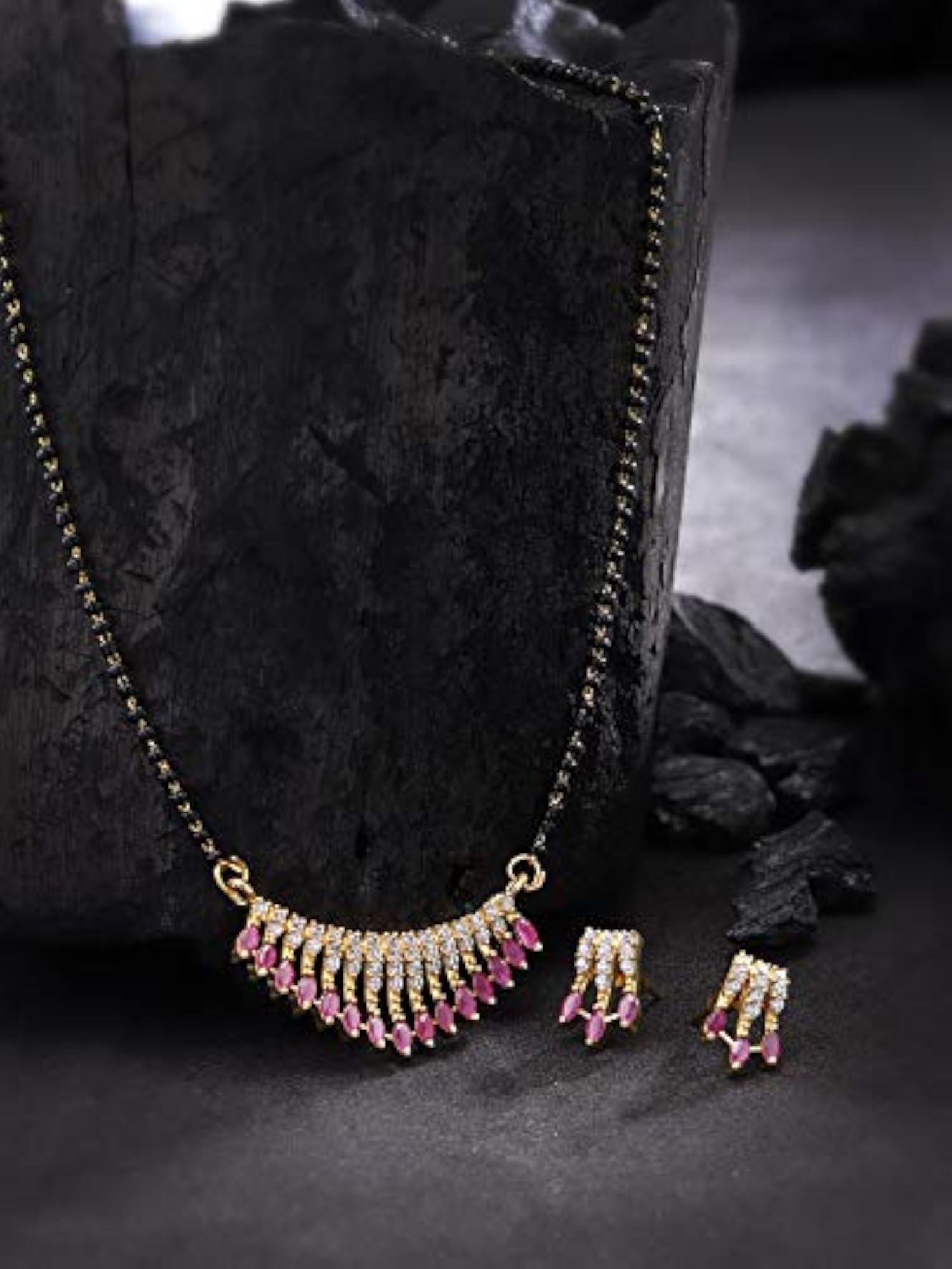 Gold-Plated American Diamond & Ruby Studded Mangalsutra Set with Earrings