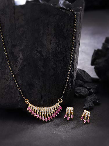 Gold-Plated American Diamond & Ruby Studded Mangalsutra Set with Earrings