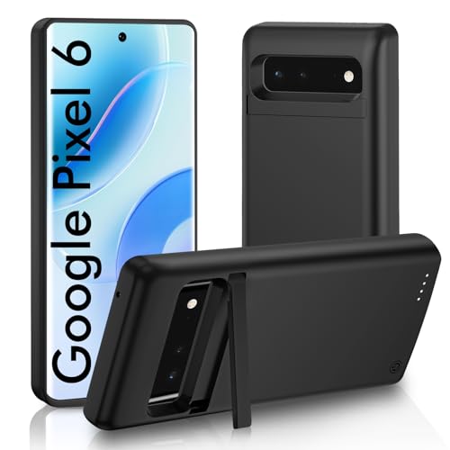 Battery Case for Google Pixel 6, Powerful 10,000mAh Slim Extended Portable Charging Case with Kickstand Rechargeable Backup Charger Cover for Pixel 6 (6.4') - Black