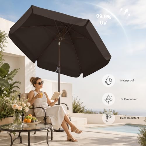 Image of ABCCANOPY 7.5ft Scalloped Patio Umbrella, Outdoor Table Umbrella with Tilt and Crank, Fiberglass Ribs Deck Umbrella for Patio, Pool, Garden, Picnic (Brown)