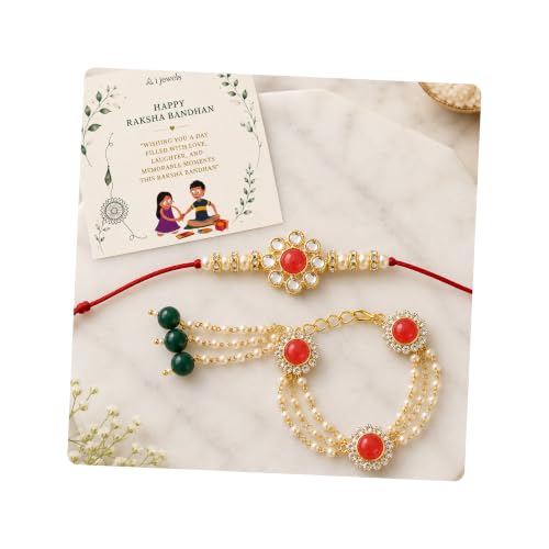 Image of I Jewels Designer Kundan & Pearl Hanging Bhaiya Bhabhi Lumba Rakhi Combo Set with Roli Chawal and Rakshabandhan Card (R014R-G-CO)