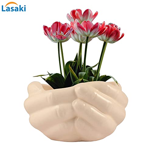 Image of Lasaki Hand White Ceramic Flower Pot for Indoor & Outdoor Plants | Decorative Balcony, Garden, Home & Office Succulent Pot | Unique Designer Gamla Plant Holder | Plants Not Included
