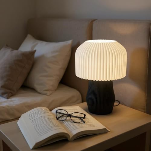 Image of Modern 3D Printed Table Lamp| Bedside Night Lamp | Warm Ambient Light for Bedroom, Living Room, Study Table & HomeDecor | Minimalist LED Desk Lamp for Cozy Lighting (Black)
