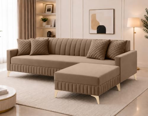 Image of AMATA Falcon 4 Seater L Shape Suede Velvet Fabric Camel Colour Sofa Set with Two Cushions Perfect for Home Office Guests Living Room (Falcon Camel, Falcon 4 Seater l Shape)(3 Year Warranty)