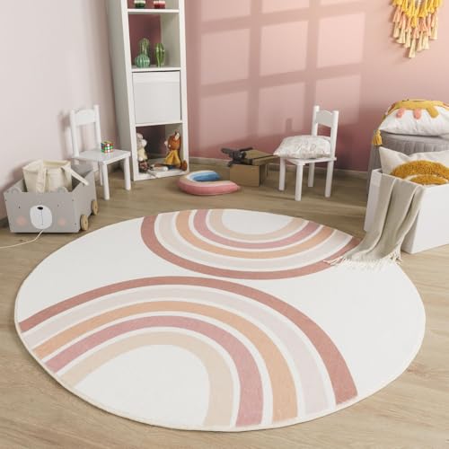 TT Home Tapis De Jeu Chambre Enfant Garcon Fille Lavable Arc-en-Ciel Soleil Modern, Couleur:Rose Beige Rose, Dimension:100 cm Rond