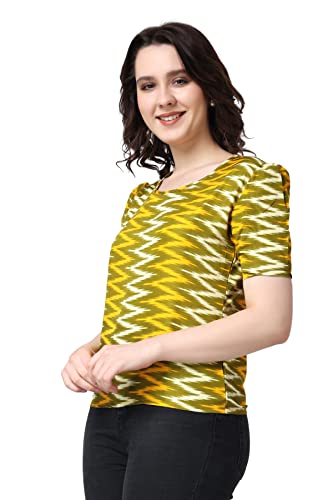 Image of POPWINGS Casual Printed Puff Sleeves Round Neck Top for Women || Stylish Summer Tops for Women || Hip-Length Women Top