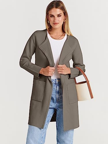 Prinbara Women's Open Front Knit Cardigan Long Sleeve Lapel Casual Solid Classy Sweater Jacket Trench Coats 7Pa15-Muhui-L Taupe #TOP3