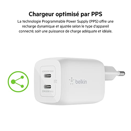Belkin BOOST CHARGE PRO GaN Adaptateur secteur Technologie PPS et GaN 65 Watt Fast Charge, PD 3.0 2 connecteurs de sortie (2 x