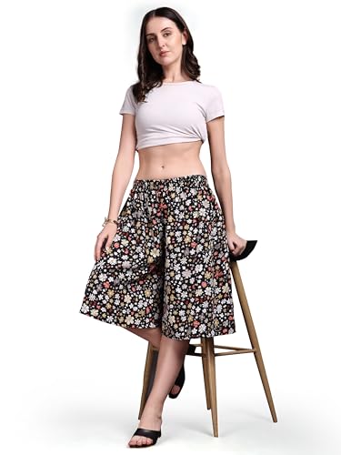 Image of THUMBA Women's Printed Poly Rayon Palazzo Pants | Wide Leg Culottes | Floral & Butterfly Print | Elastic Waist | Casual & Ethnic Wear | S M L XL 2XL 3XL