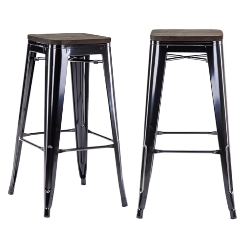 Duhome Barhocker Eisen Barstühle 2er Set, Sitzhöhe 76cm Tresenhocker, Stapelbar Metall Bistrohocker mit Fußstütze, Stizfläche aus Holz, Schwarz+Dunkles Holz
