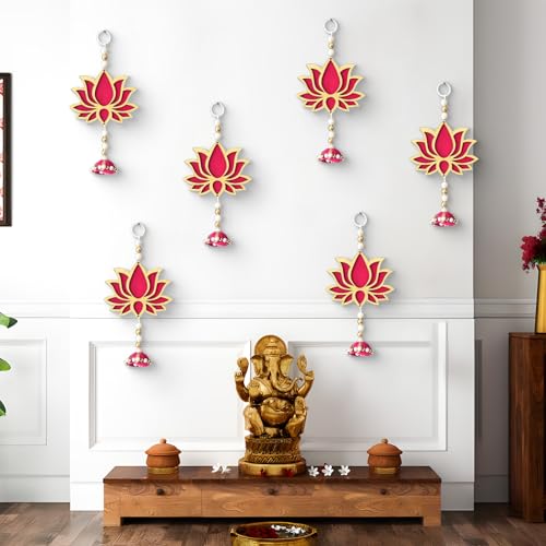 PANCA Lotus Wall Hanging with Jhumki - Set of 6 | Pink/Raani Artificial Flowers Bunch | Decorative Wall Hanging for Pooja Room, Mandir, Door, Varalakshmi & Diwali Festival Home Décor