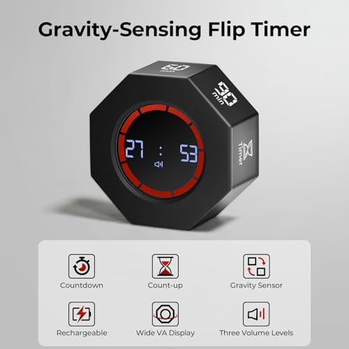 Image of Small Rechargeable Pomodoro Timer, Gravity Sensor Auto-Rotating 7 Preset Times (1 /3 /5 /15 /30 /60 /90 min) & Count Up Mode, Digital Kitchen Timers for Cooking, Work and Study (Space Gray)