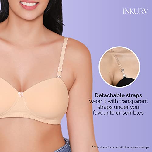 Image of INKURV Cotton Rich Padded T-Shirt Bra for Women, Seamless, Non-Wired with Detachable Straps, Sweet Heart Neckline, Everyday Bra 3 /4th Coverage with no spillage- ROMI Combo of 2