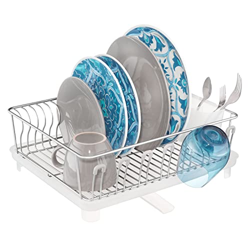 Image of mDesign Alloy Steel Sink Dish Drying Rack Holder with Plastic Swivel Spout Drainboard Tray - Dish Rack /Dish Drainer Storage Organizer for Kitchen Counter - Concerto Collection, Chrome /Clear