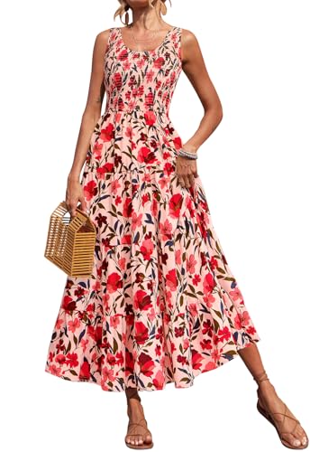 PRETTYGARDEN Smocked Tank Floral Maxi Dresses for Women 2025 Wedding Guest Dress Sleeveless Flowy Long Sundress with Pockets
