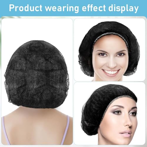 Image of Amazon Brand QWENOX Disposable Bouffant Caps Hair Net Cap 100 Pcs Elastic Mob Caps for Food Service, Medical Use, Sleeping Head Cover, Factory Warehouse Worker, Beauty (Black)