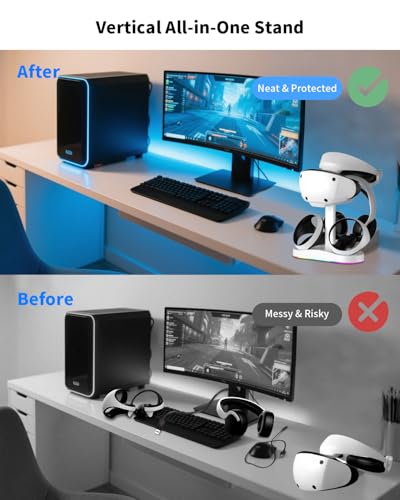 Image of Charging Station for PSVR 2 with Vertical Headset Stand | Dual PSVR2 Controller Dock, Dual Fast Charging Dock, LED Indicator, 9 RGB Light Modes, PSVR2 Headset Display Stand