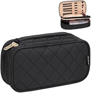 Small Makeup Bag, Relavel Cosmetic Bag for Women 2 Layer Travel Makeup Organizer Black Handbag Purse Pouch Compact Capacity for Daily Use, Makeup Brush Holder, Waterproof Nylon, Two Way Zipper (Black)