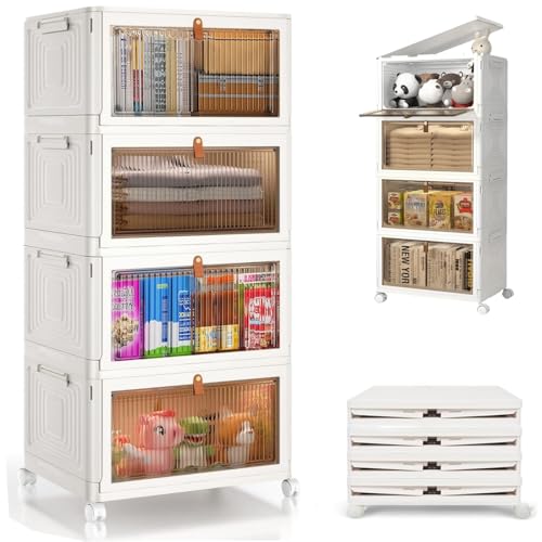 El Mejor Listado de Cajones de Plastico para Ropa . 45 RONSXY 4 Niveles de Cajas de Almacenamiento Apilables con Tapa y Puerta, 79x39x28 cm Organizadores Plegable de Plástico con Ruedas, Cajas de Organización Desmontable para...