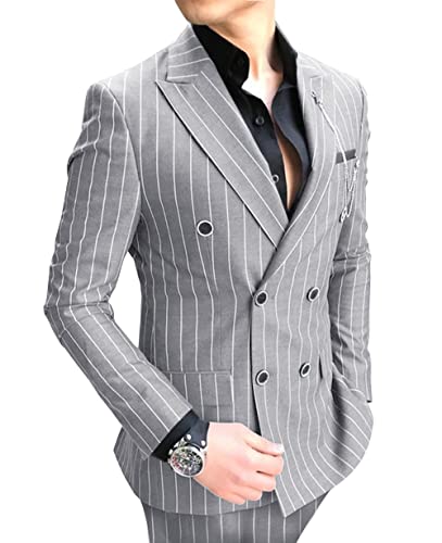 Aesido Costume décontracté pour homme - Coupe ajustée - 2 pièces - En laine à rayures - Double boutonnage - Pour bal de fin d'année, smoking et pantalon, Argenté., S Cover