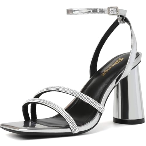 Image of RIBONGZ Block Heels Prom Heeled Sandals for Women Chunky Square Open Toe Strappy High Heels Ankle Strap Wedding Bridal Shoes High Heel Sandals for Party Dress