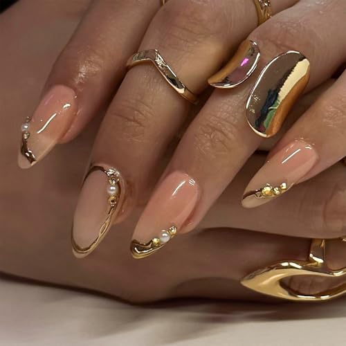 Image of Gold French Tip Press on Nails Nude Fake Nails Medium Almond False Nail with Pearl Rhinestone Design Glossy Glue on Nails Artificial Acrylic Nail 3D Gold Stick on Nail for Women Girls Manicure 24Pcs