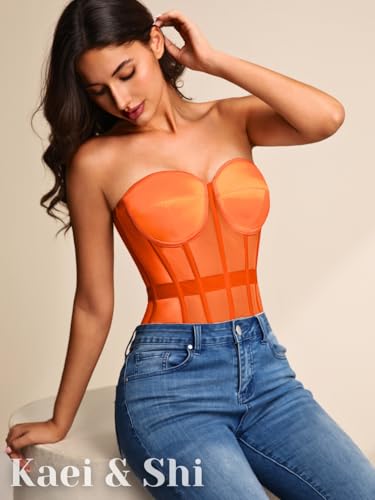 Image of Kaei&Shi Sheer Mesh Overbust Corset,Sexy Strapless Lace Up Satin Bra Corsets Top For Women Shapewear