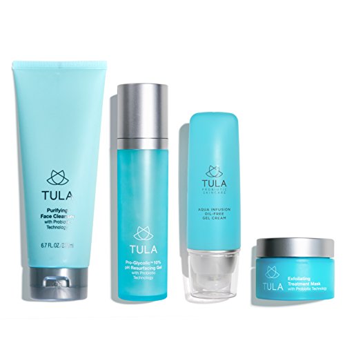 TULA Probiotic Skin Care Clear Complexion Kit | Full-Sized Set with Facial Cleanser | Aqua Infusion Gel Cream | Glycolic Resurfacing Gel & Exfoliating Mask for Moisturized and Youthful Skin
