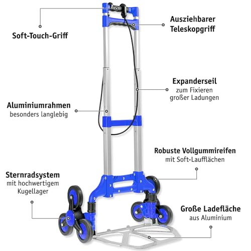 Lefeld Sackkarre Treppensteiger Treppen Transportkarre Stapelkarre | bis 70 Kg | Sackkarre klappbar | Sternradsystem Sternräder | Mit Spanngummi | Aluminium | Große Ladefläche | Variable Griffhöhe – Bild 6