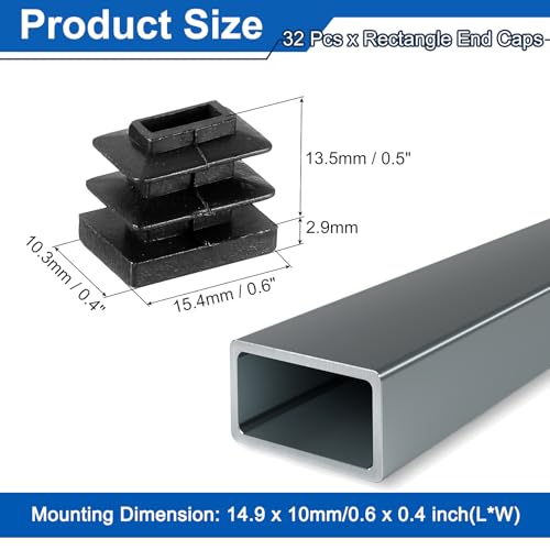 Image of uxcell 32 Pcs Rectangle Tubing End Caps 5 /8 x 3 /8 Inch Plastic Hole Plugs Insert End Cap for Metal Tubing Post Chair Leg Table Bookshelves Furniture, Black