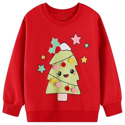 FILOWA Sudadera Niñas sin Capucha Árbol de Navidad Estampados Pompon Decoración Dibujos Jumper Manga Larga Algodon Moda Cuello Redondo Navidad Top Jersey para Infantil Niña 6-7 años, Rojo | Ya disponible en tu tienda friki favorita! En mundofriki.es!
