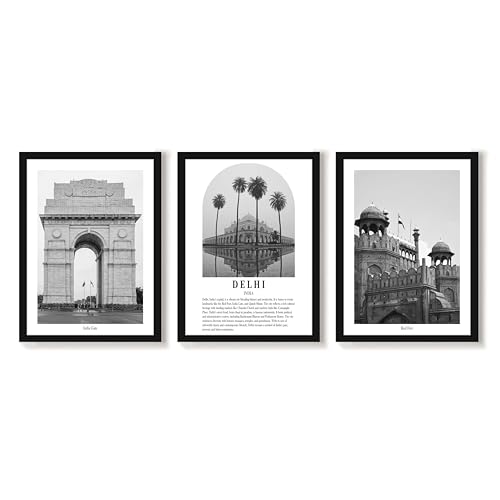 Image of PAINTINGMANTRA Wall Art for Home A3 Delhi Wall Art Prints Pack of 3 Framed Wall Decor Featuring Heritage Landmarks, Red Fort Photography Wall Art for Living Room, Bedroom, Office (32x44 cm)