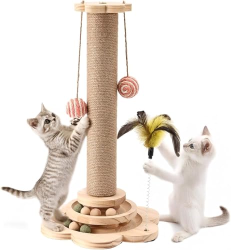 Image of Solid Pine Wood Cat Toy Scratching Post with Roller Ball Track, Catnip Balls & Feather Toy - Modern Sisal Cat Scratcher Tower for Indoor Cats- Flower Style