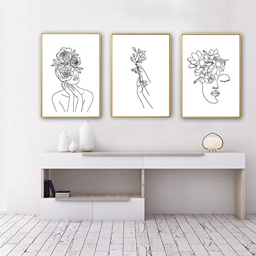 Ecyanlv Female Wall Art Line Drawing Girl Print Minimalist Wall Art Simple Fashion Poster Women Flower Leaf Body Sketch Black White Canvas Painting Aesthetic Canvas Prints 16X24Inchx3 Unframed #TOP4